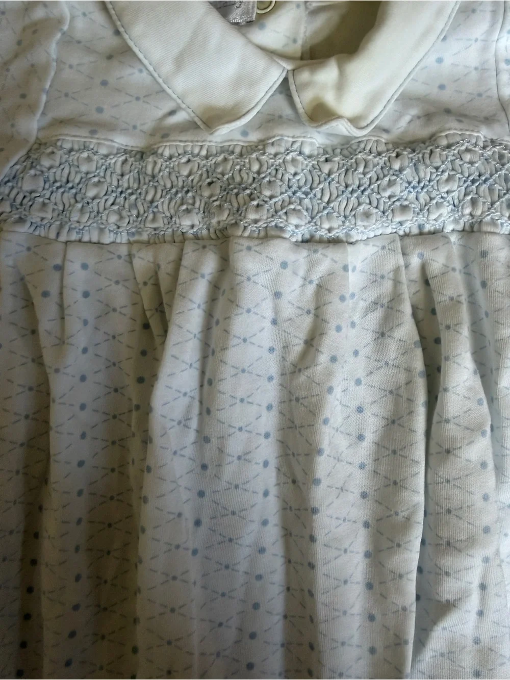 White Smocked Baby Sleep Sack with Light Blue Dot Detail